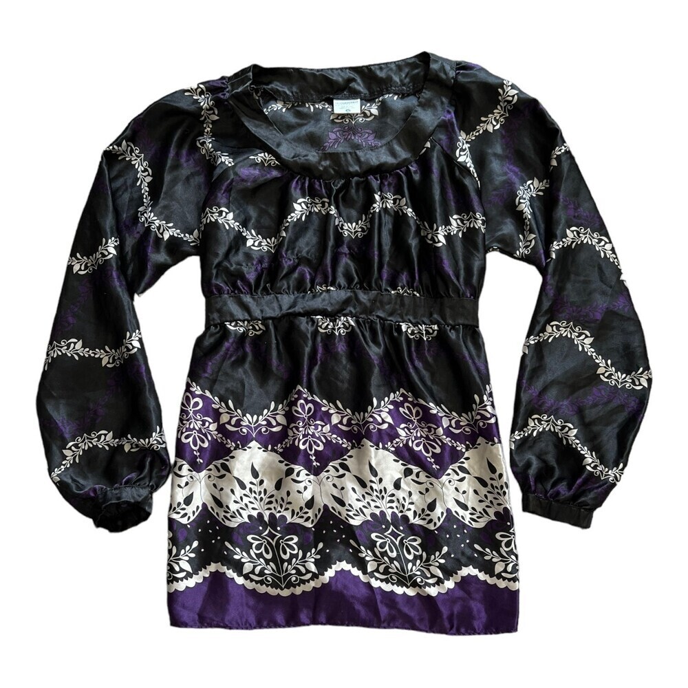 Motherhood Maternity Black Purple Floral Satin Blouse L